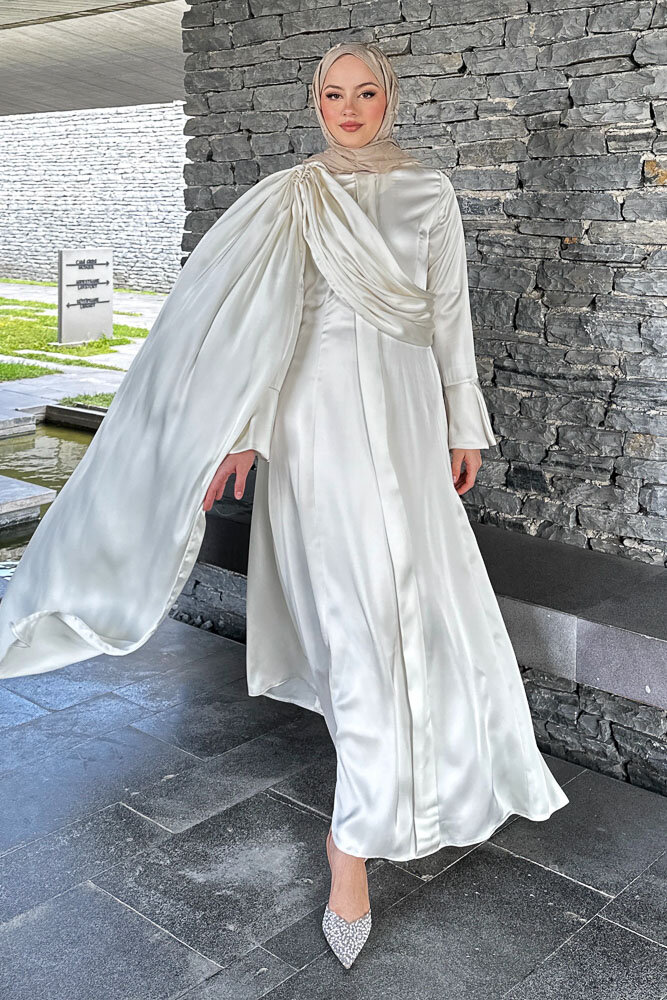 Lucia Saten Drape Elbise - Ekru - HENZA (2)