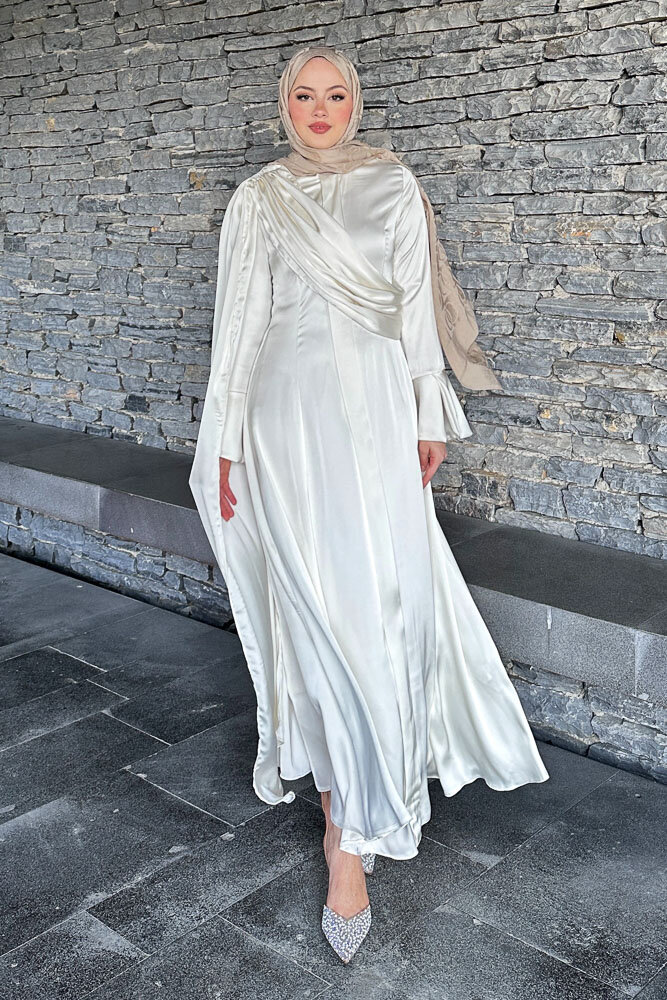 Lucia Saten Drape Elbise - Ekru - HENZA (4)