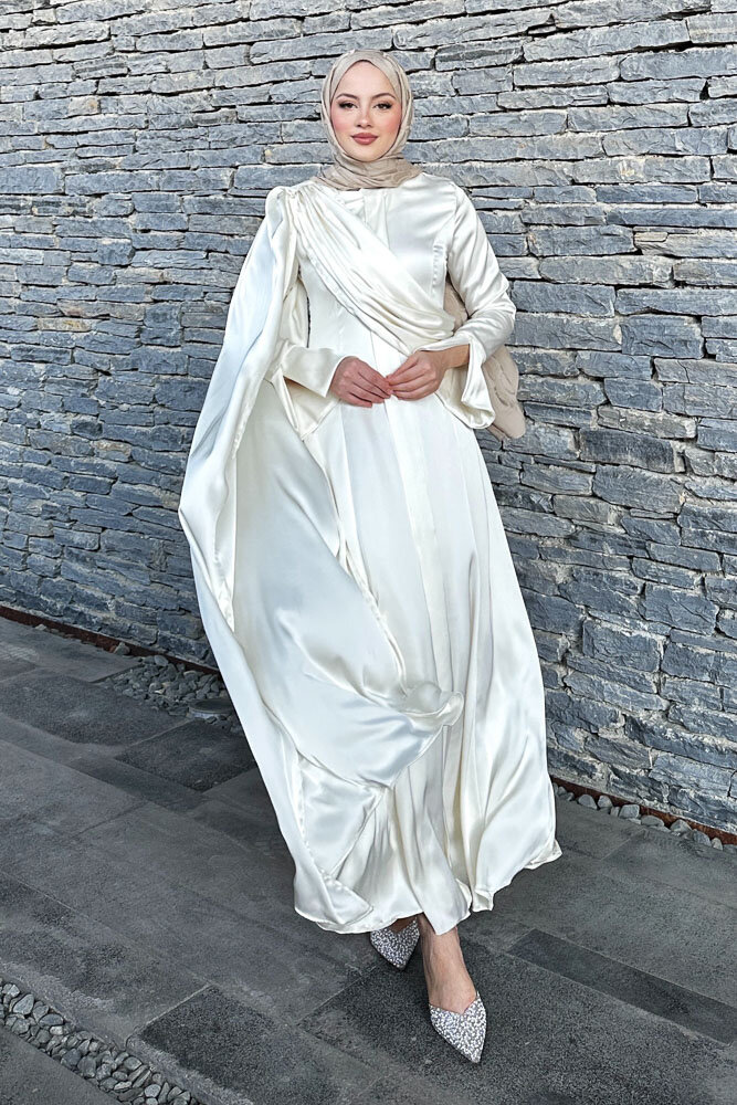 Lucia Saten Drape Elbise - Ekru 