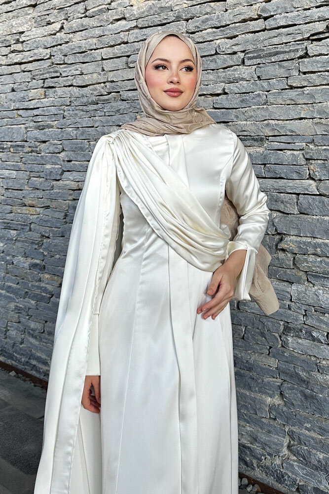 Lucia Saten Drape Elbise - Ekru - HENZA (1)