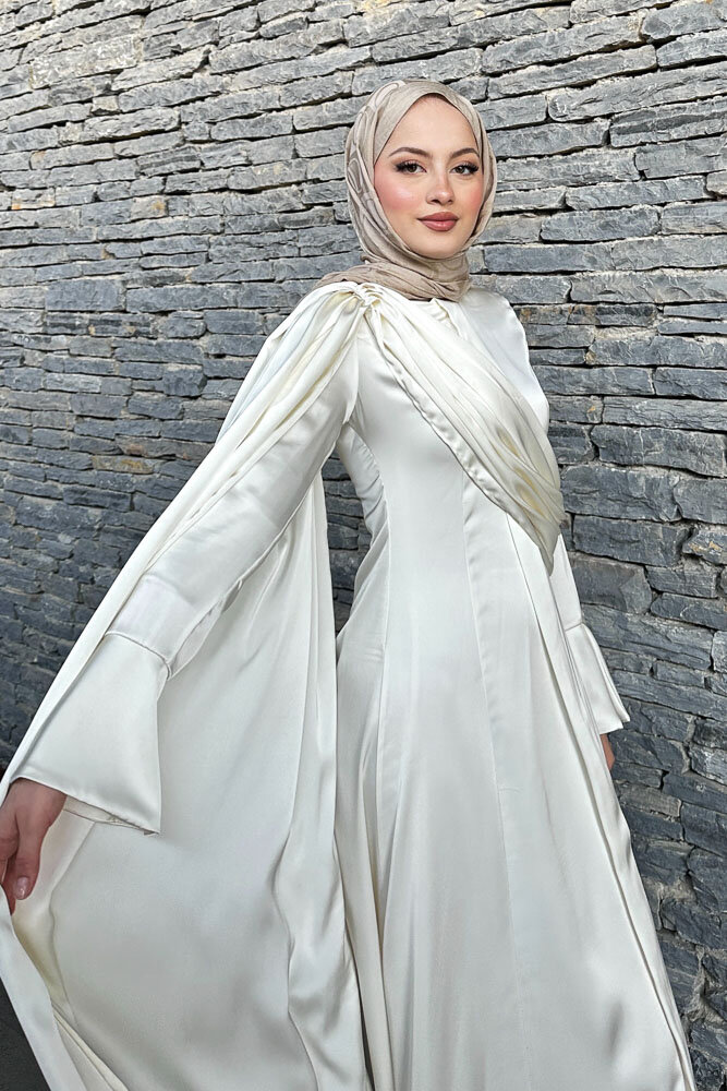 Lucia Saten Drape Elbise - Ekru - HENZA (3)