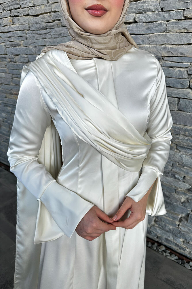 Lucia Saten Drape Elbise - Ekru - HENZA (5)