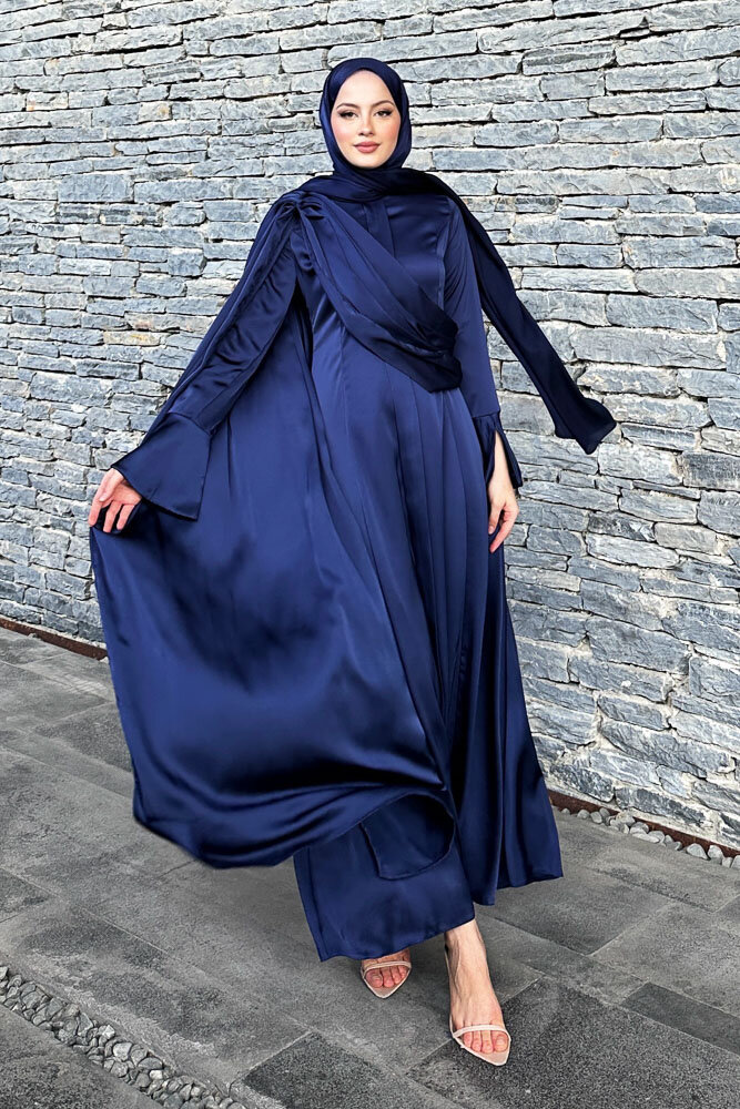 Lucia Saten Drape Elbise - Lacivert 