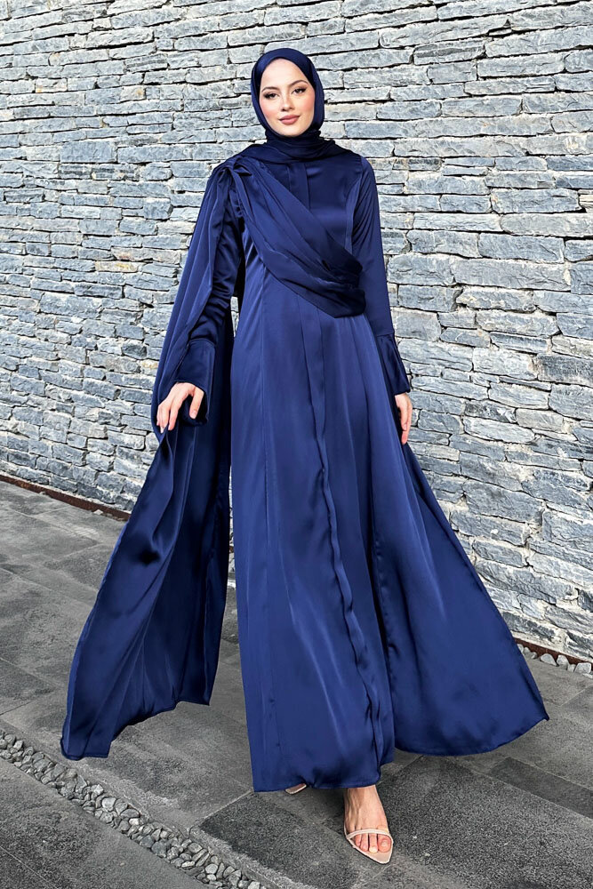 Lucia Saten Drape Elbise - Lacivert - HENZA (2)