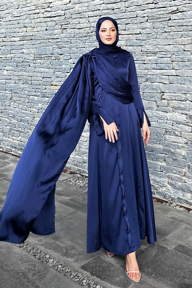 Lucia Saten Drape Elbise - Lacivert - HENZA (3)