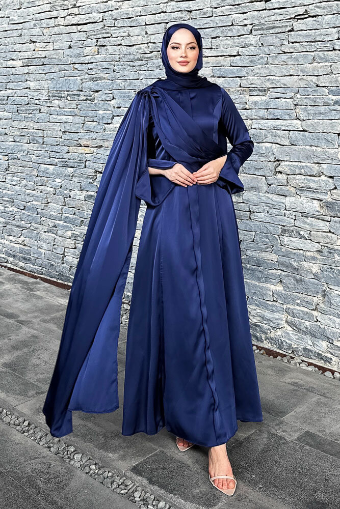 Lucia Saten Drape Elbise - Lacivert - HENZA (5)