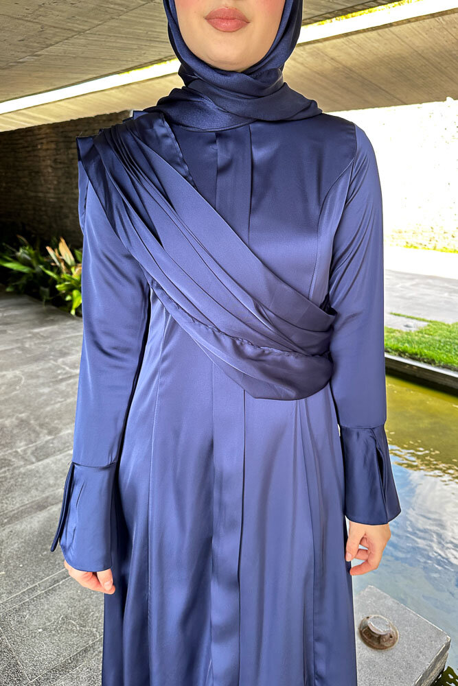 Lucia Saten Drape Elbise - Lacivert - HENZA (4)
