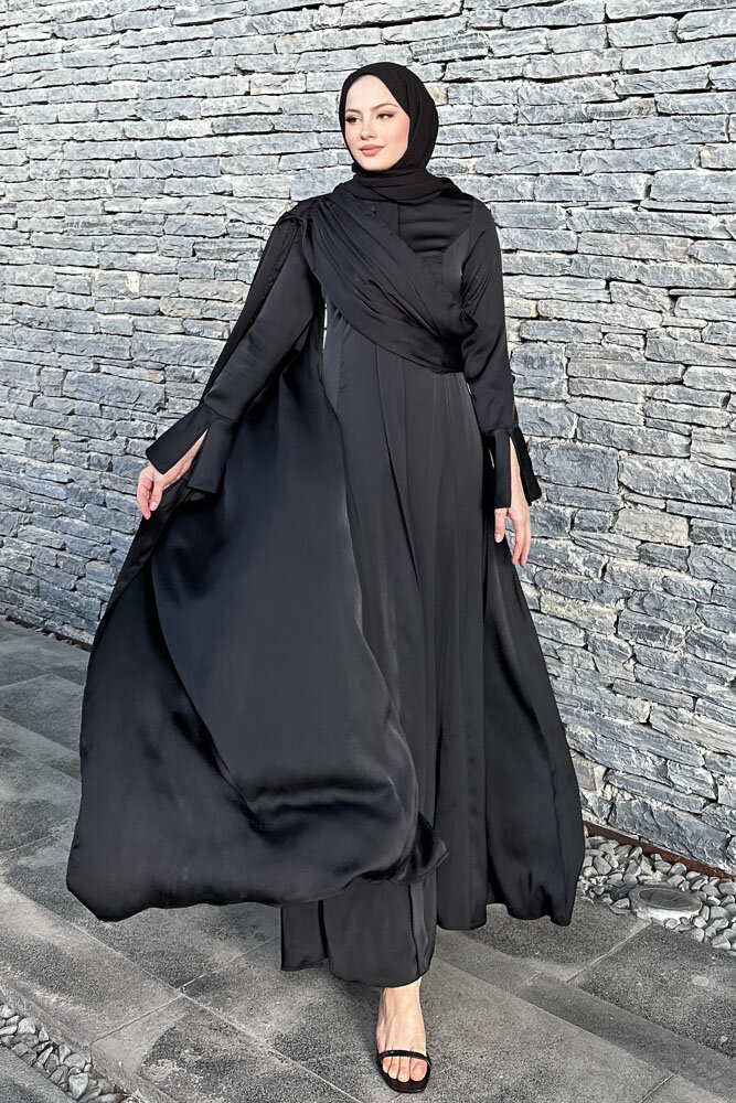 Lucia Saten Drape Elbise - Siyah - 1