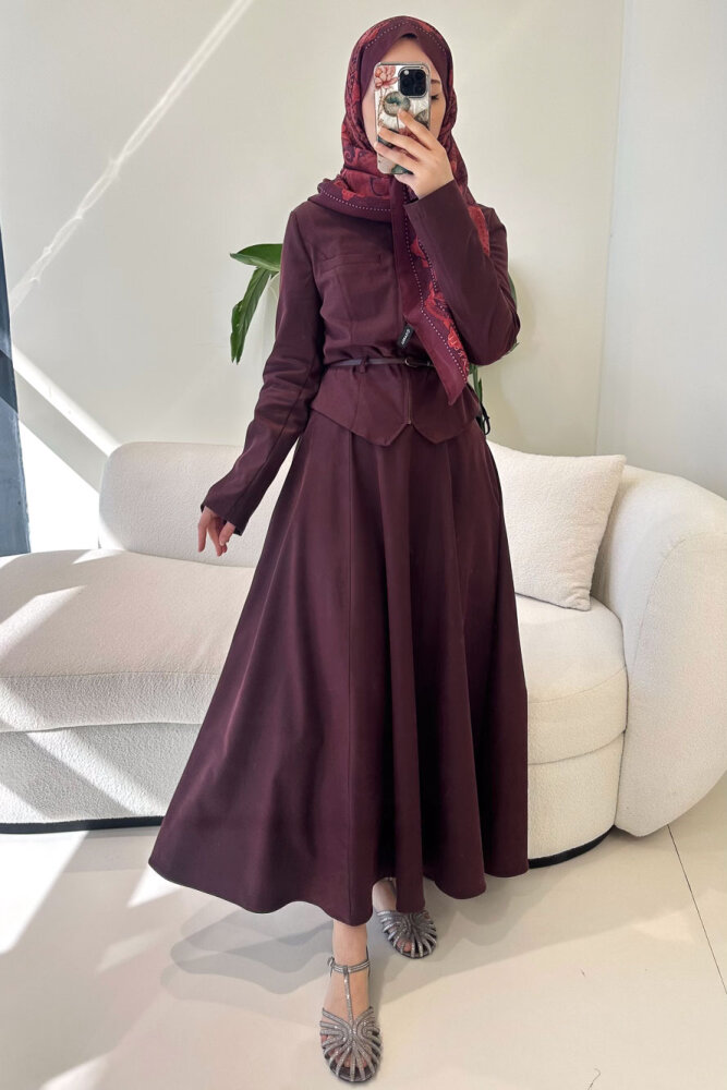 Lumi Gizli Fermuarlı Etekli Takım - Bordo - 3