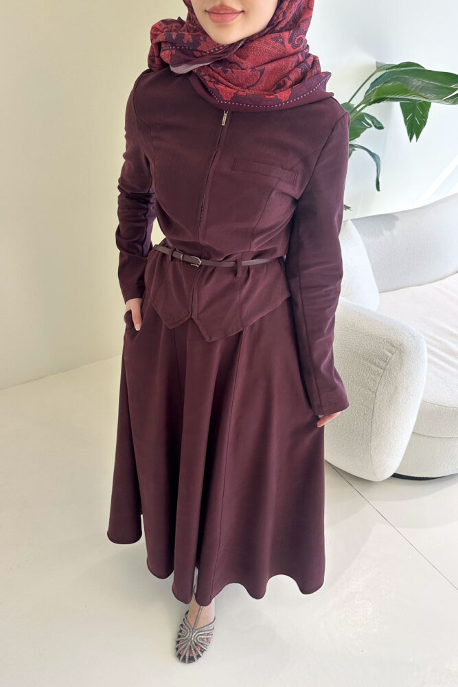 Lumi Gizli Fermuarlı Etekli Takım - Bordo - 4