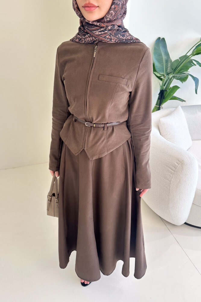 Lumi Gizli Fermuarlı Etekli Takım - Kahverengi - HEWES (4)