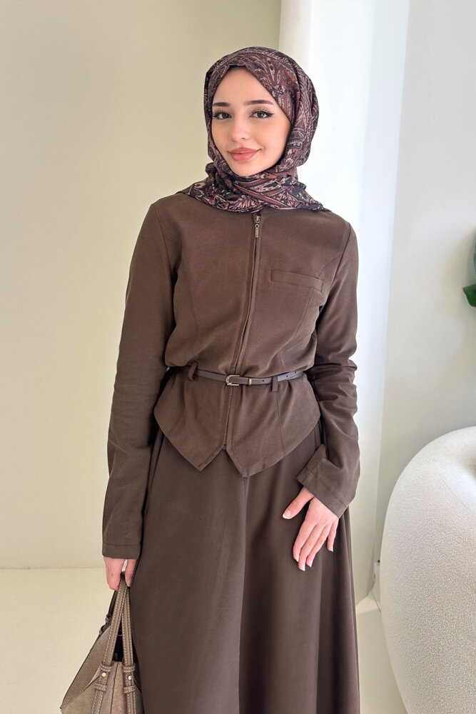 Lumi Gizli Fermuarlı Etekli Takım - Kahverengi - 7