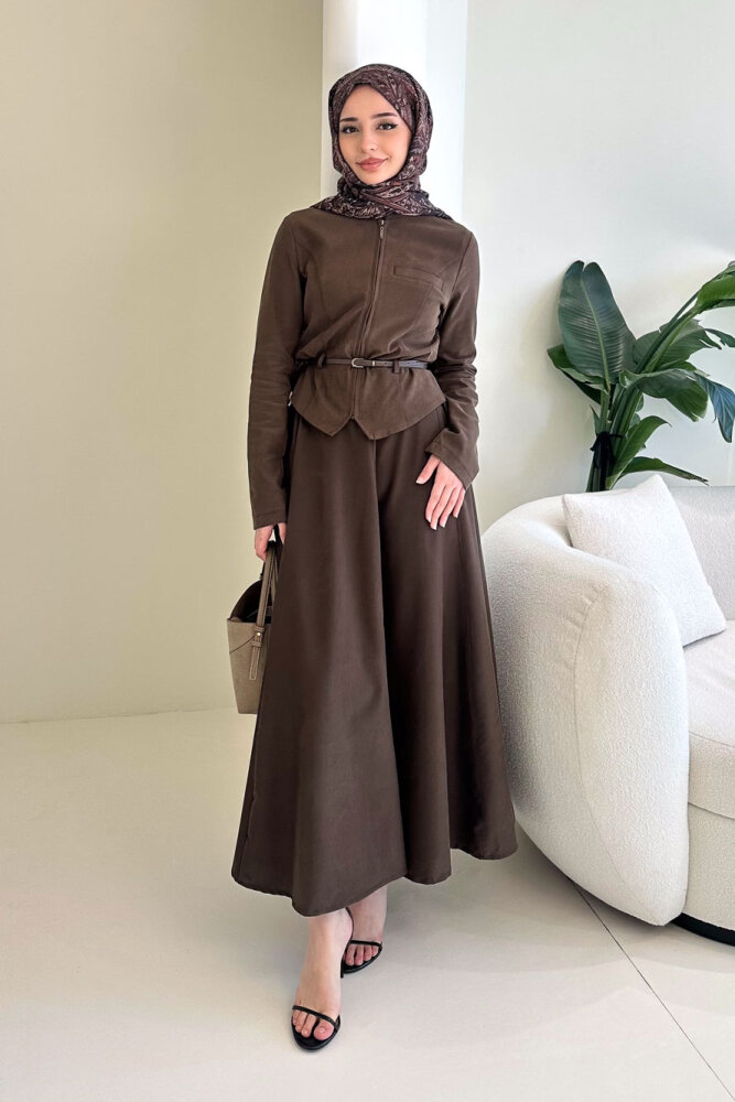 Lumi Gizli Fermuarlı Etekli Takım - Kahverengi - HEWES (0)