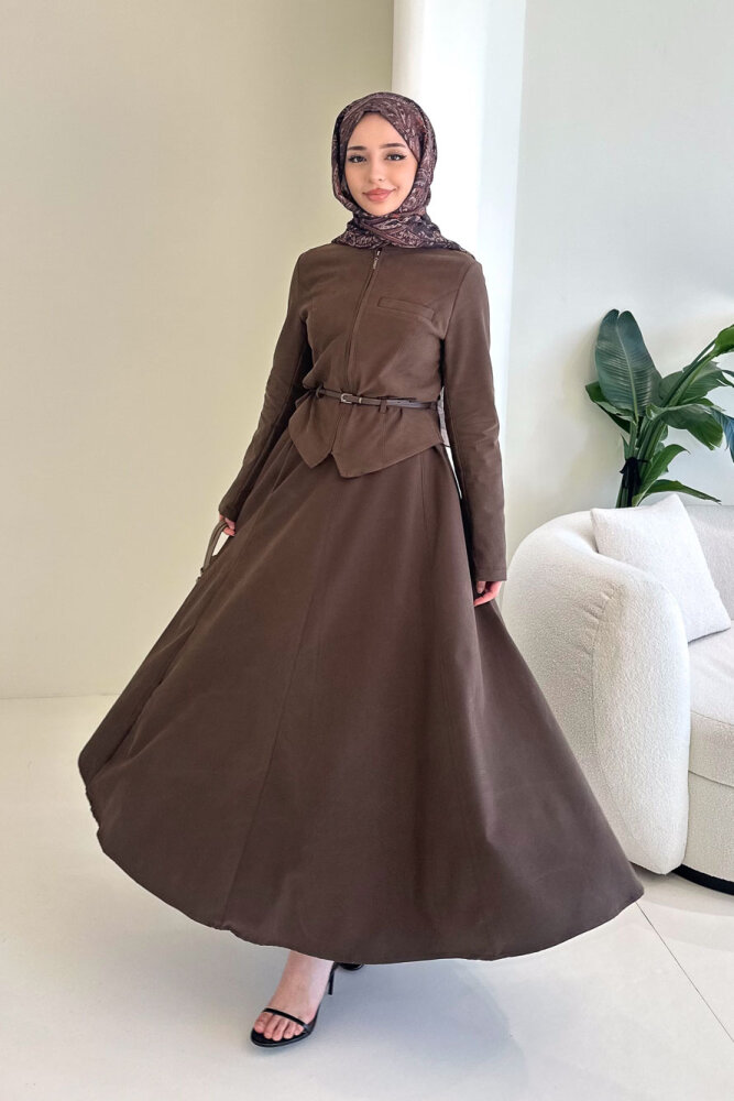 Lumi Gizli Fermuarlı Etekli Takım - Kahverengi - 6