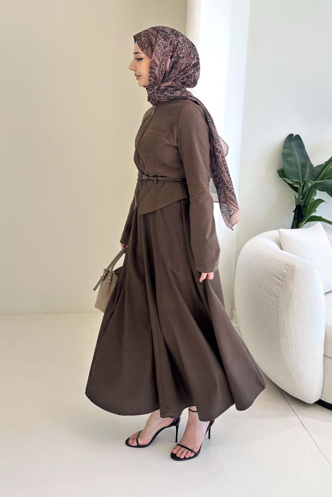 Lumi Gizli Fermuarlı Etekli Takım - Kahverengi - 3