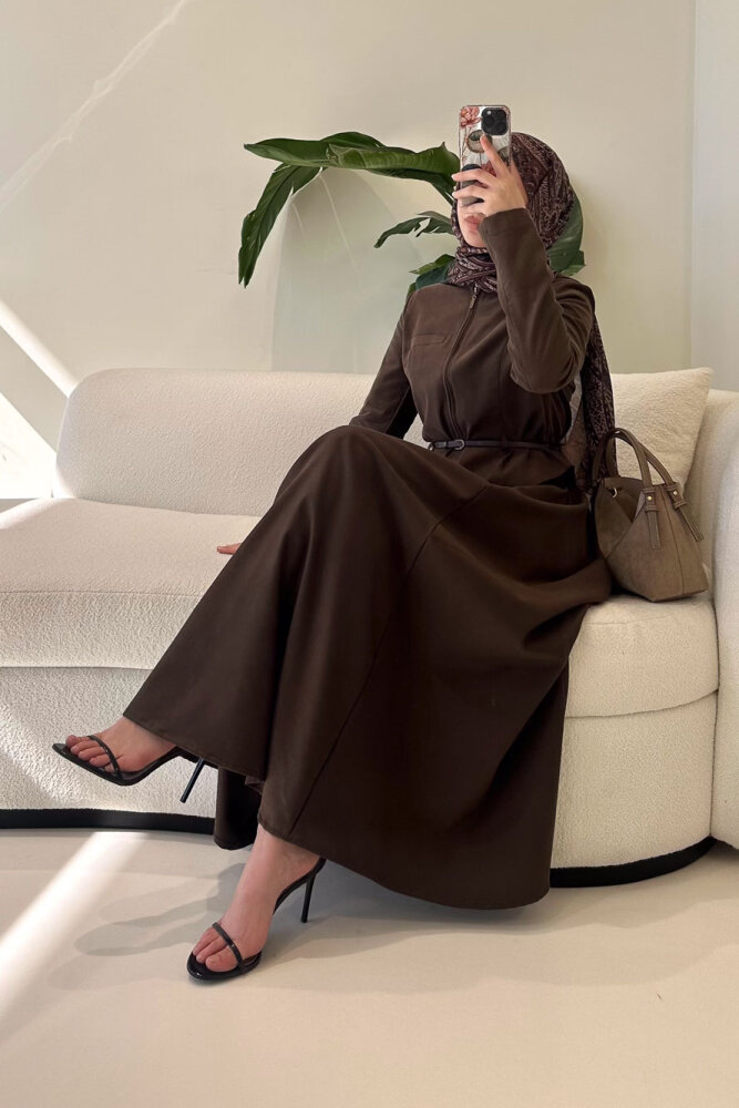 Lumi Gizli Fermuarlı Etekli Takım - Kahverengi - 4