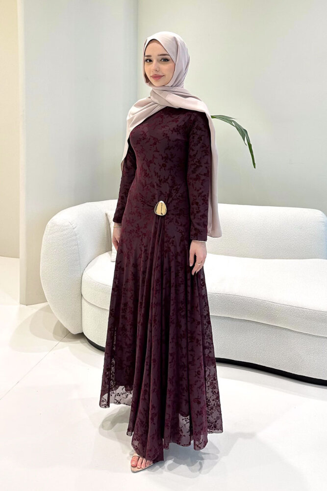 Lunera Flok Tül Broşlu Elbise - Mürdüm - HEWES (3)