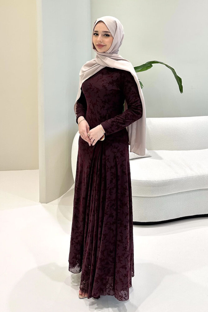 Lunera Flok Tül Broşlu Elbise - Mürdüm - 6