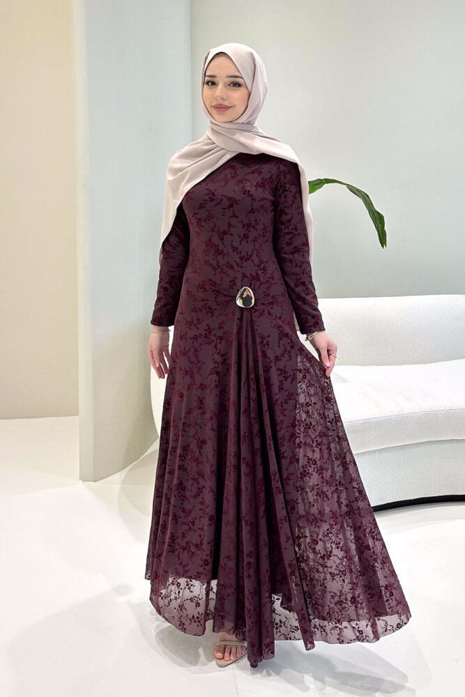 Lunera Flok Tül Broşlu Elbise - Mürdüm - HEWES (4)