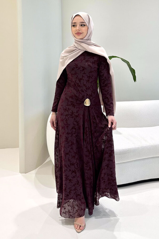 Lunera Flok Tül Broşlu Elbise - Mürdüm - 7