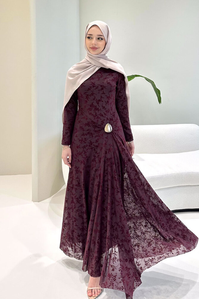 Lunera Flok Tül Broşlu Elbise - Mürdüm - 1