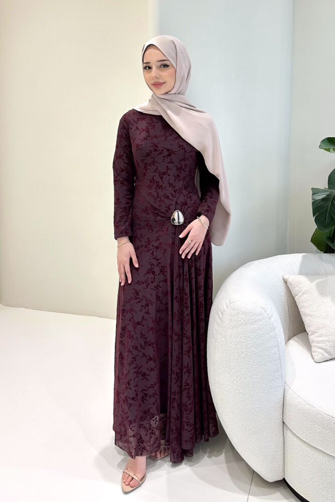 Lunera Flok Tül Broşlu Elbise - Mürdüm - 2