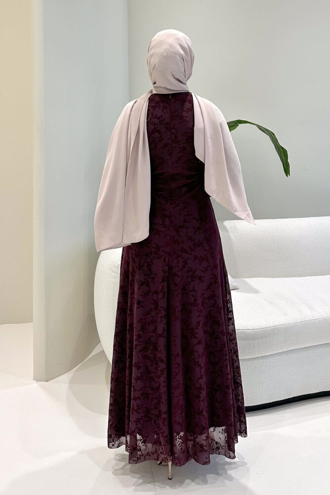 Lunera Flok Tül Broşlu Elbise - Mürdüm - 8