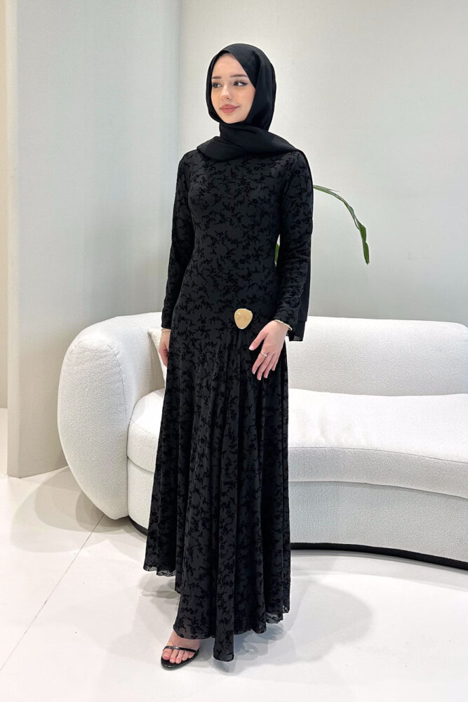 Lunera Flok Tül Broşlu Elbise - Siyah - 4