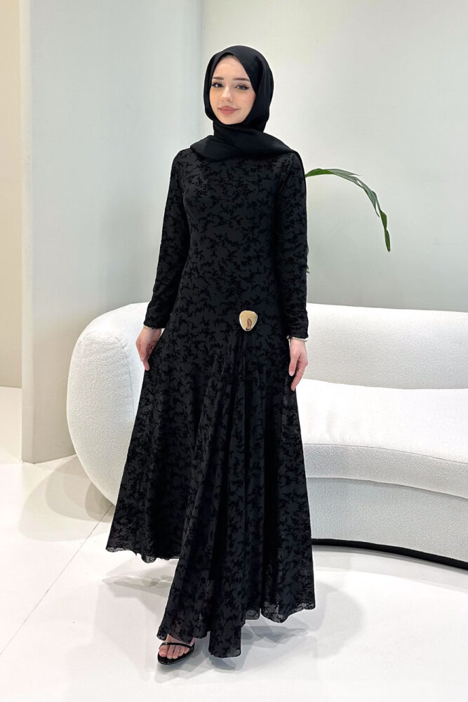 Lunera Flok Tül Broşlu Elbise - Siyah - HEWES (5)