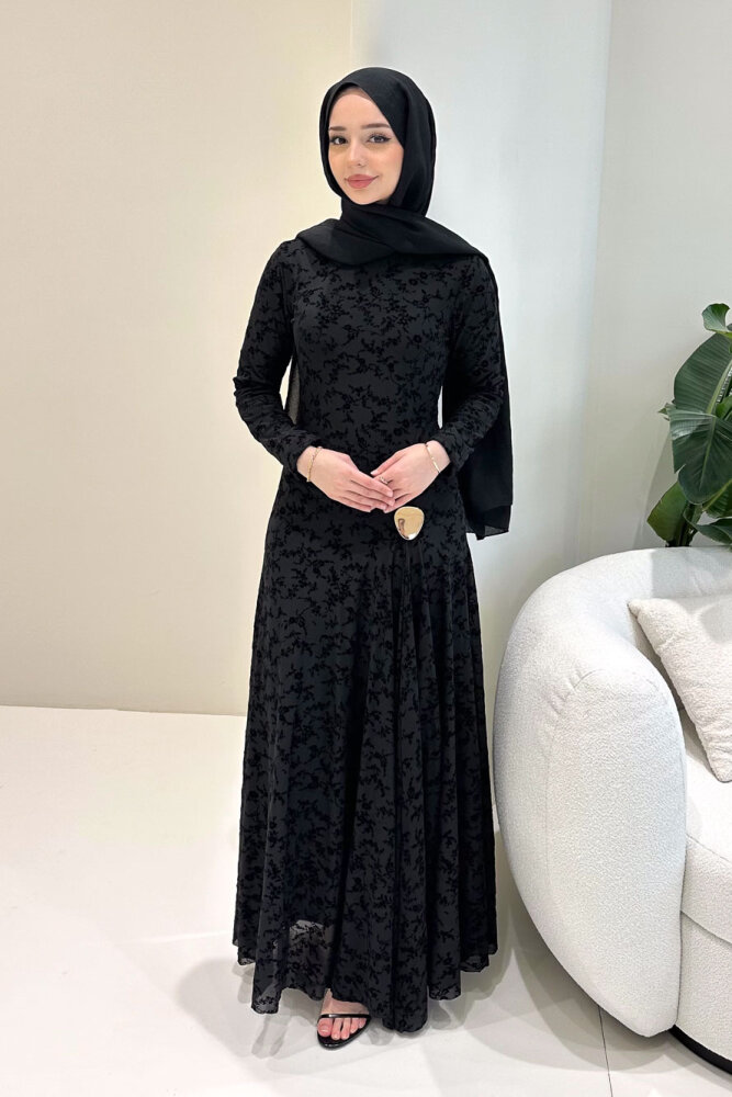 Lunera Flok Tül Broşlu Elbise - Siyah - 8