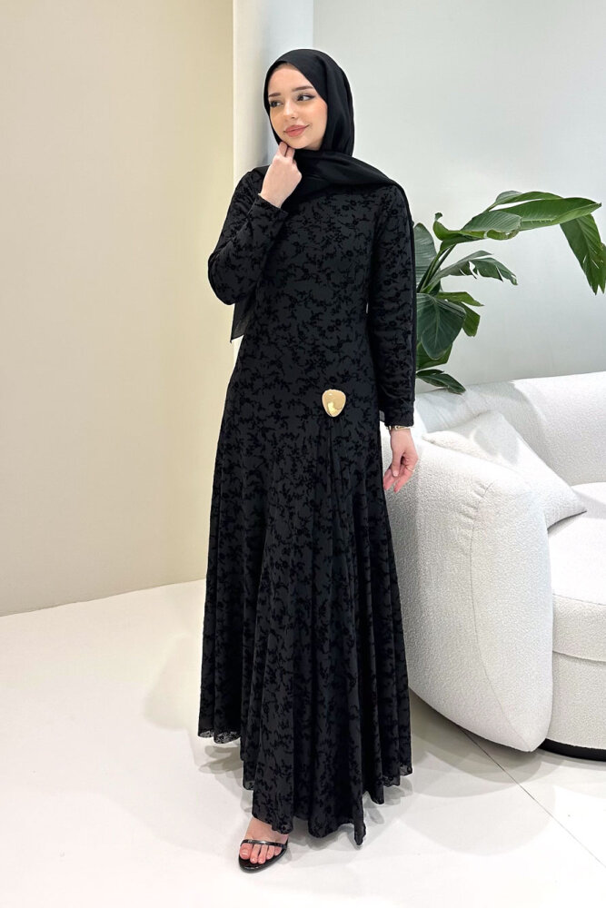 Lunera Flok Tül Broşlu Elbise - Siyah - 3