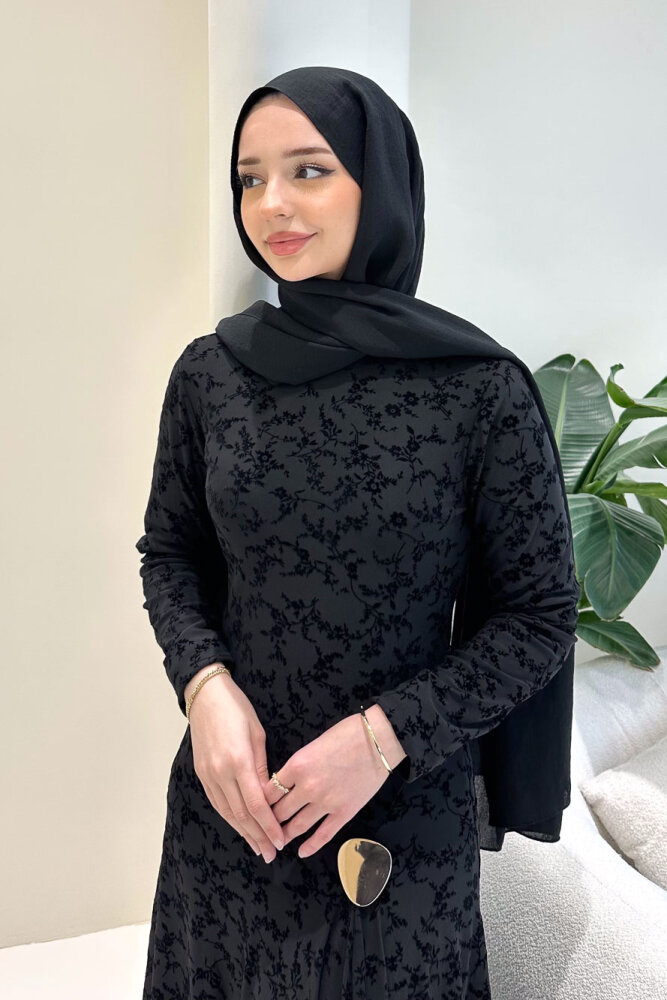 Lunera Flok Tül Broşlu Elbise - Siyah - 5