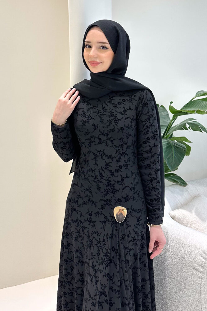 Lunera Flok Tül Broşlu Elbise - Siyah - 1