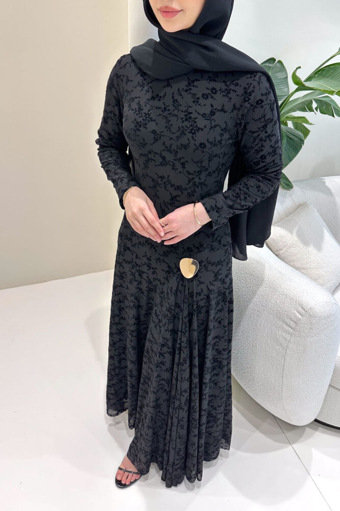 Lunera Flok Tül Broşlu Elbise - Siyah - HEWES (1)