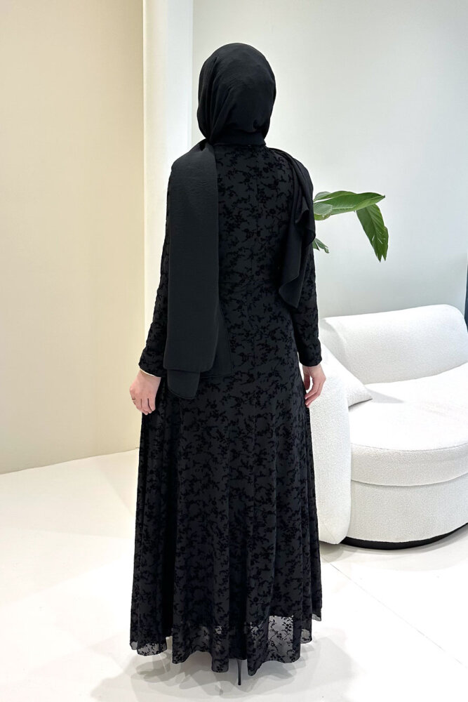 Lunera Flok Tül Broşlu Elbise - Siyah - 7