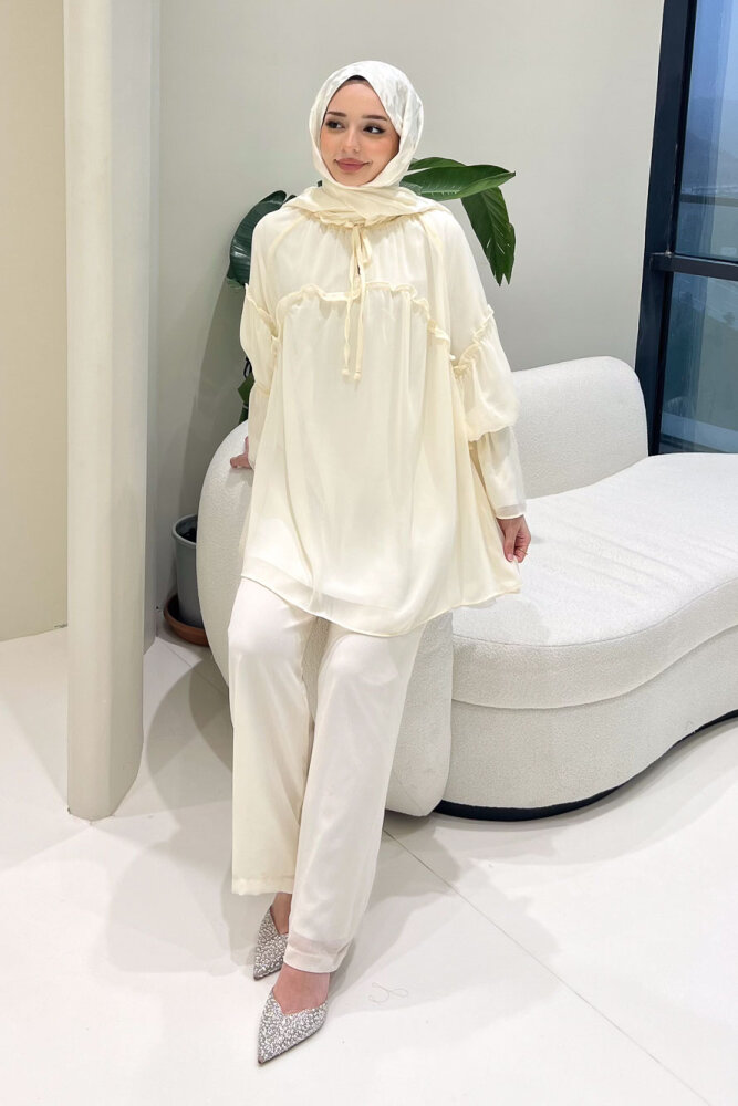 Lunessa Şifon Pantolonlu Takım - Bej - 1