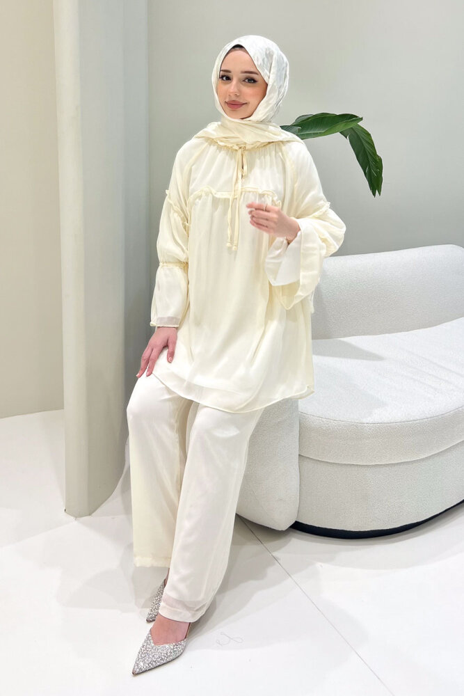 Lunessa Şifon Pantolonlu Takım - Bej - ALLMİSS (3)