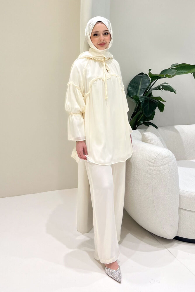 Lunessa Şifon Pantolonlu Takım - Bej - 6