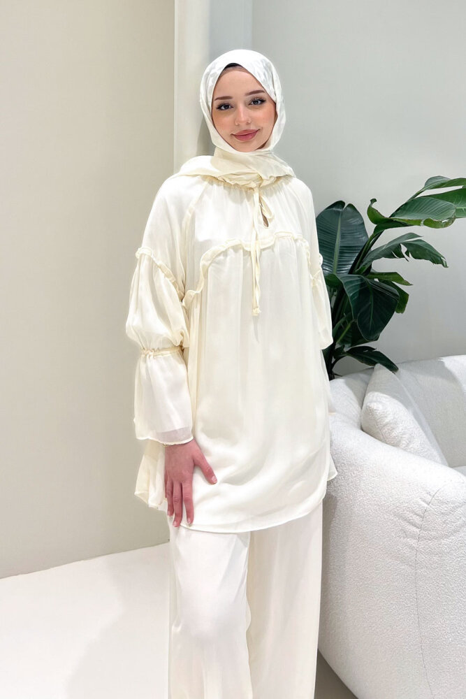 Lunessa Şifon Pantolonlu Takım - Bej - 5