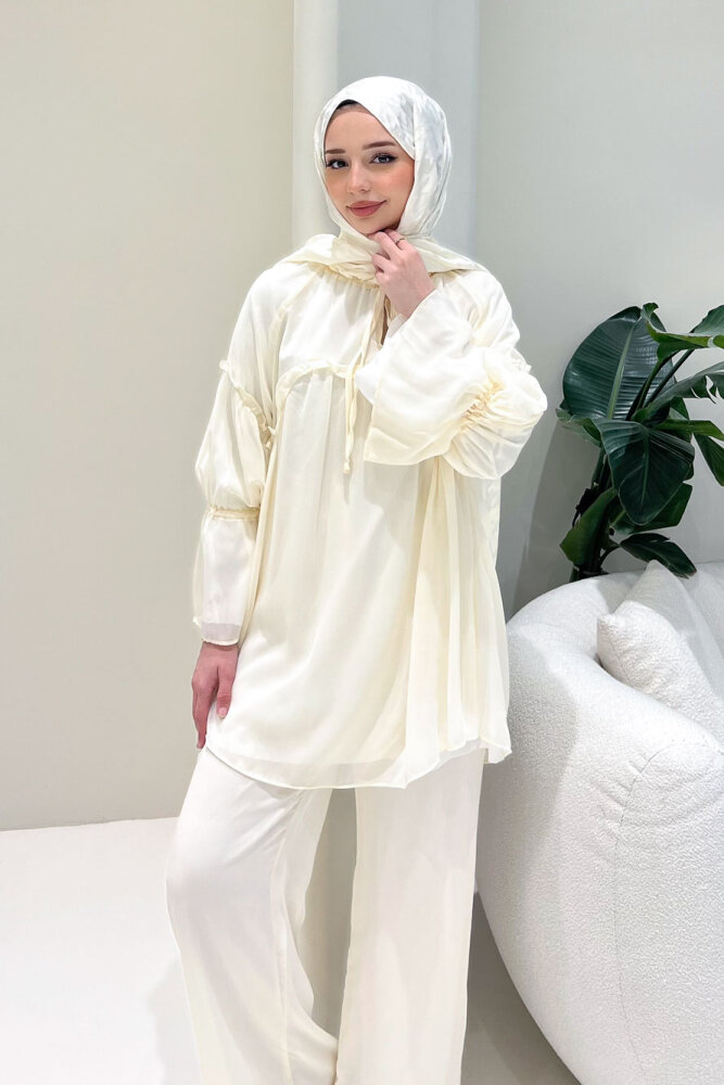 Lunessa Şifon Pantolonlu Takım - Bej - 2