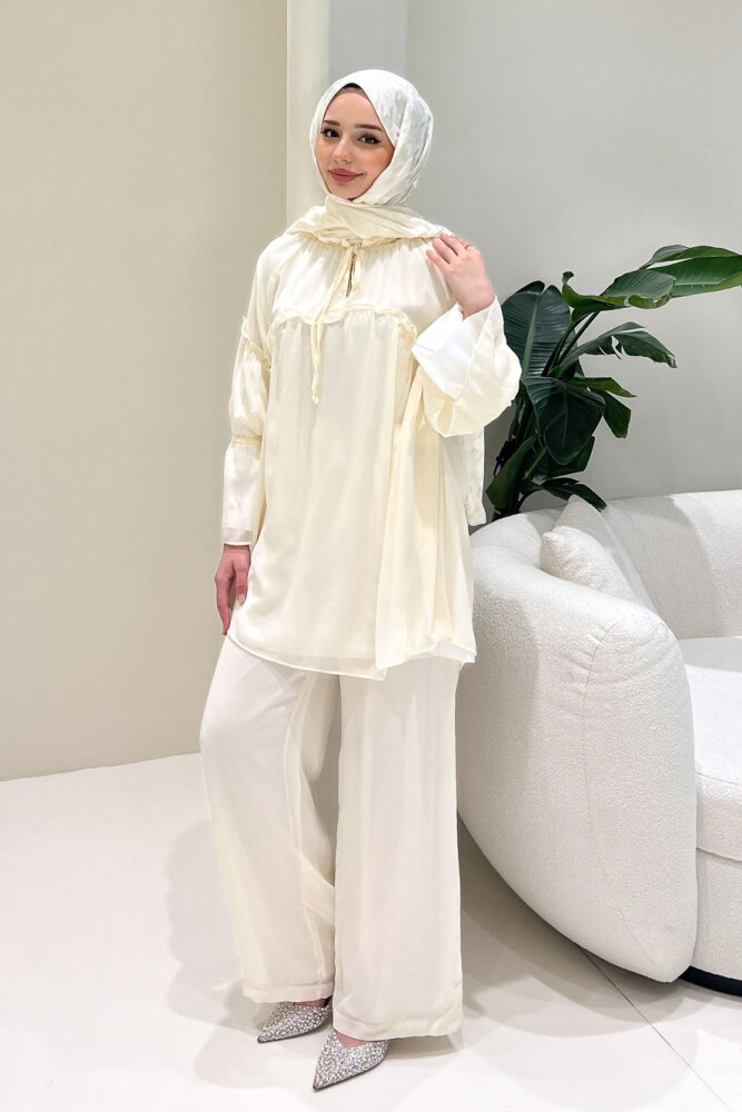 Lunessa Şifon Pantolonlu Takım - Bej - 3