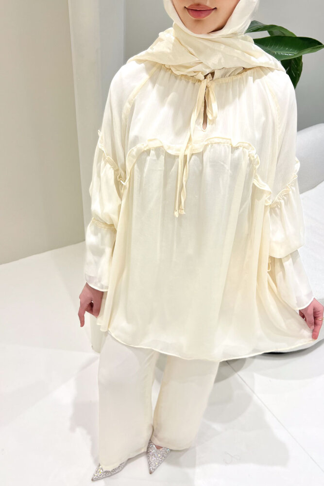 Lunessa Şifon Pantolonlu Takım - Bej - 7