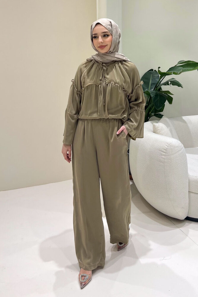 Lunessa Şifon Pantolonlu Takım - Haki - 5