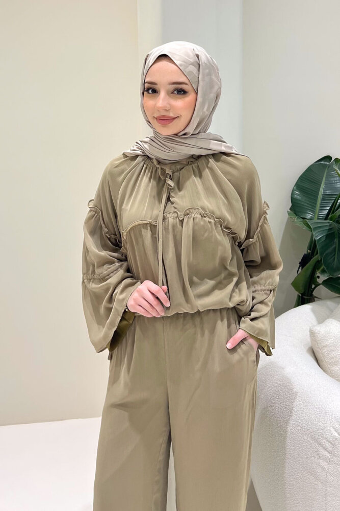 Lunessa Şifon Pantolonlu Takım - Haki - 6