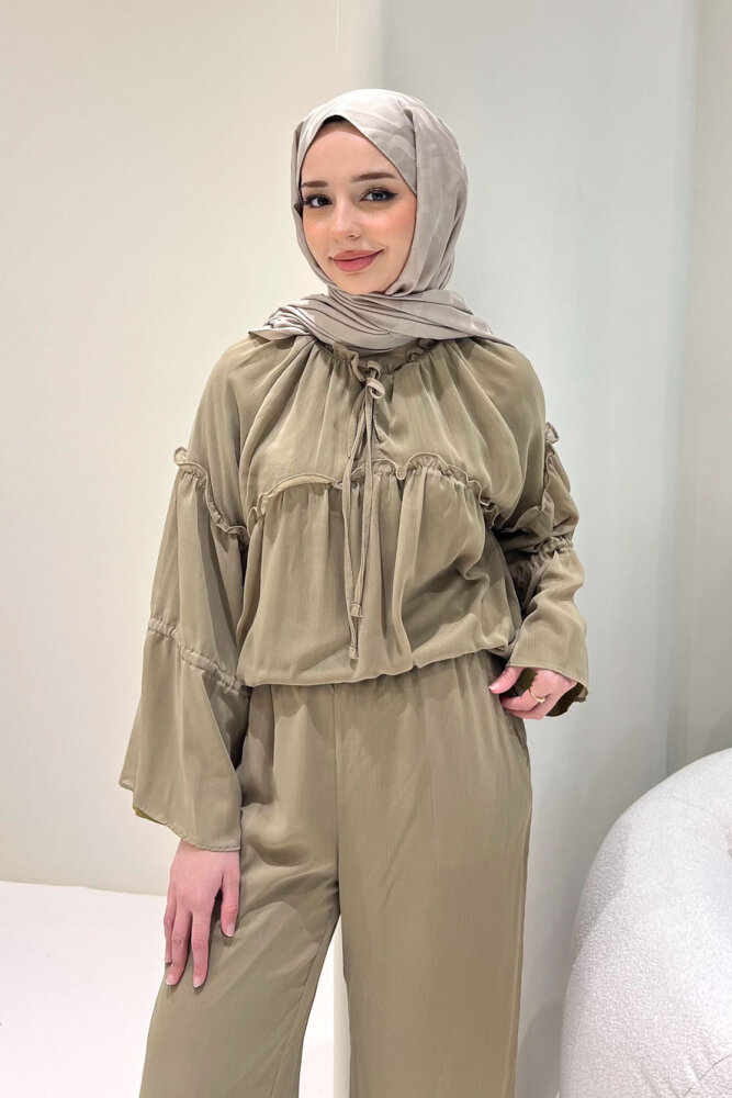 Lunessa Şifon Pantolonlu Takım - Haki - 3