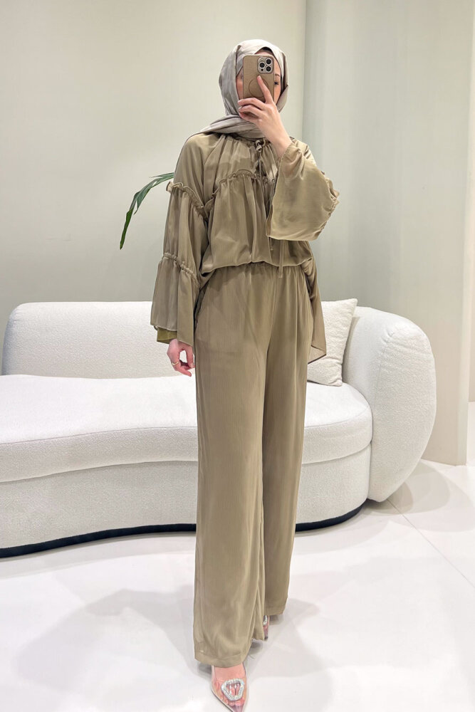 Lunessa Şifon Pantolonlu Takım - Haki - 7