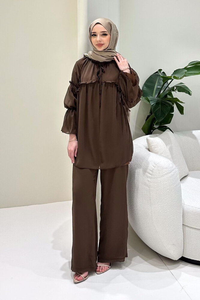 Lunessa Şifon Pantolonlu Takım - Kahverengi - 3