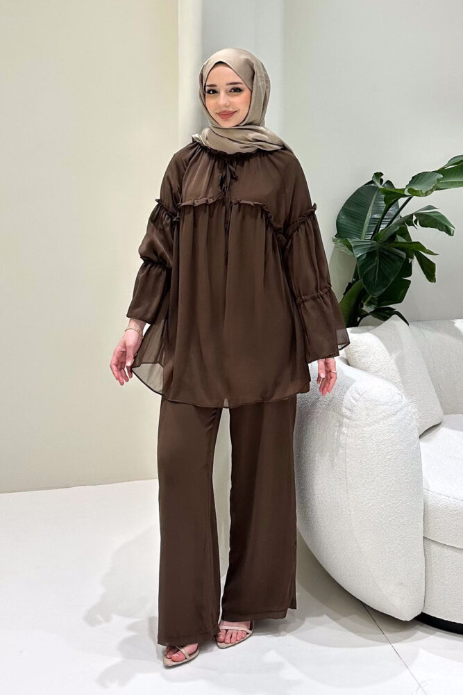 Lunessa Şifon Pantolonlu Takım - Kahverengi - 1
