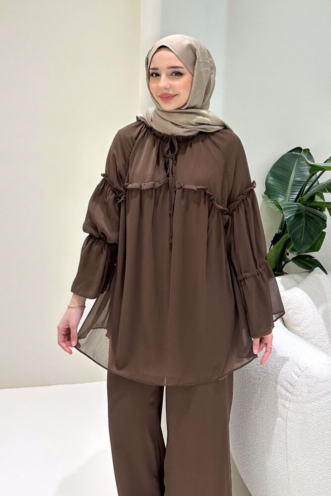 Lunessa Şifon Pantolonlu Takım - Kahverengi - ALLMİSS (4)