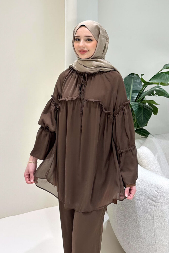 Lunessa Şifon Pantolonlu Takım - Kahverengi - ALLMİSS (1)